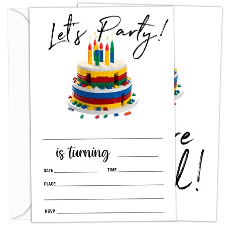 Colorful Building Blocks Digital Birthday Invitation Set for Kids, Includes Envelopes, Perfect for Boys and Girls, 20 Unique Designs for a Fun Celebration
