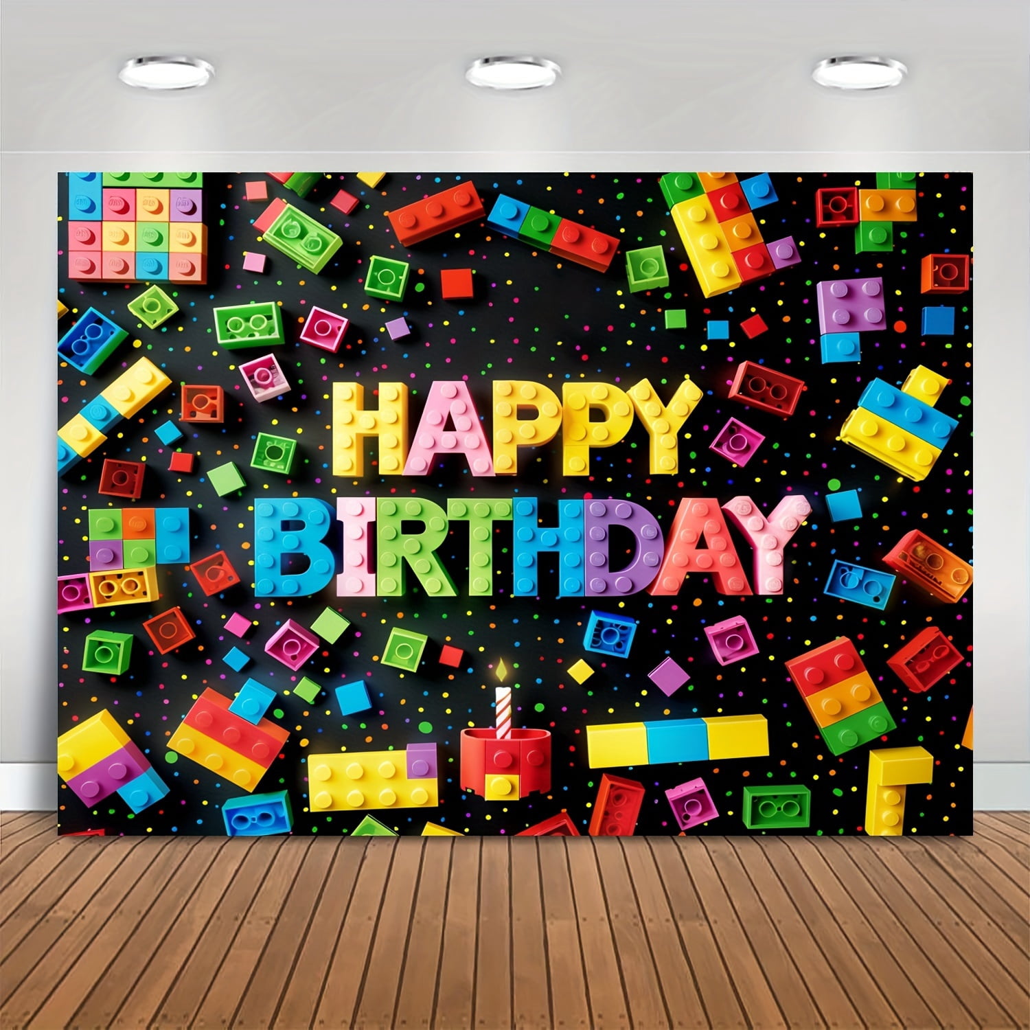 7-Piece Happy Birthday Building Blocks Cake Topper Set - Colorful Glitter, 6" Tall, For LEGO Theme Birthday Parties
