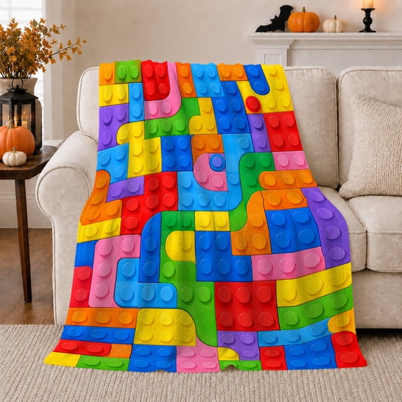 Colorful Building Blocks Mosaic, Playful Artistic Scene, Warm Flannel Blanket for Home Library and Reading Nook, Art Lovers Valentine's Day Gift, Artistic Home Decor
