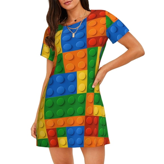 Colorful Building Blocks Women'S Nightgown Sleepwear Short Sleeves Nightshirt Loose Comfy Pajama Medium