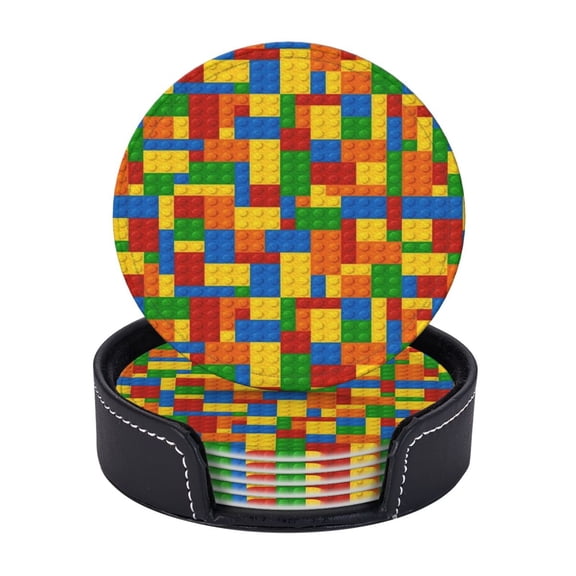 Colorful Building Bricks Small Plastic Blocks Coasters With Leather Holder Set Of 6 Round Coasters for Home and Kitchen Decor