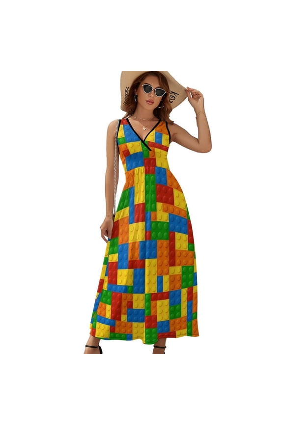 Colorful Building Bricks Small Plastic Blocks Dress Summer Street Style Bohemia Long Dresses Female Sleeveless Printed Maxi Dress