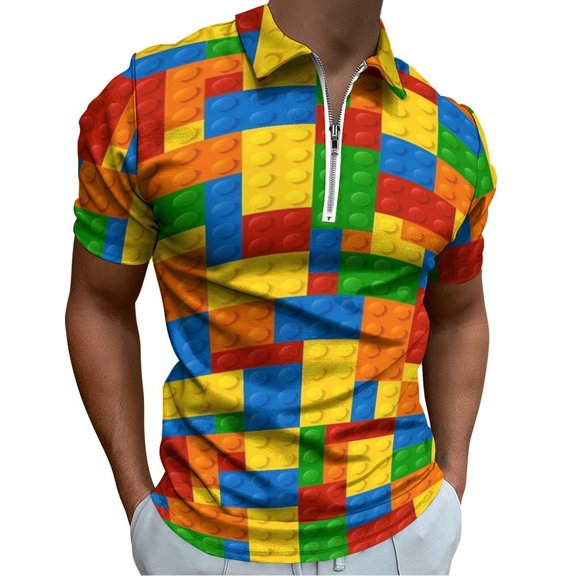 Colorful Building Bricks Small Plastic Blocks Men Zipper T-shirt Summer Casual Short Sleeve T-shirt Top