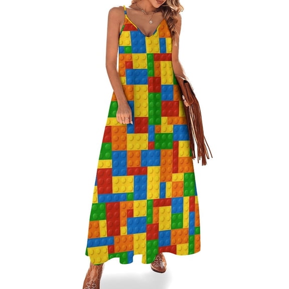 Colorful Building Bricks Small Plastic Blocks Sleeveless Suspender Dress Summer Fashion Casual Long Dress