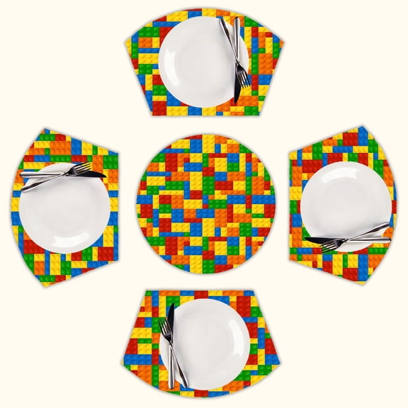 Colorful Building Bricks small plastic blocks Round Table Placemats Set Of 5 Wedge Table Mats Washable Heat Resistant Place Mat For Dining Table Kitchen Farmhouse Restaurant