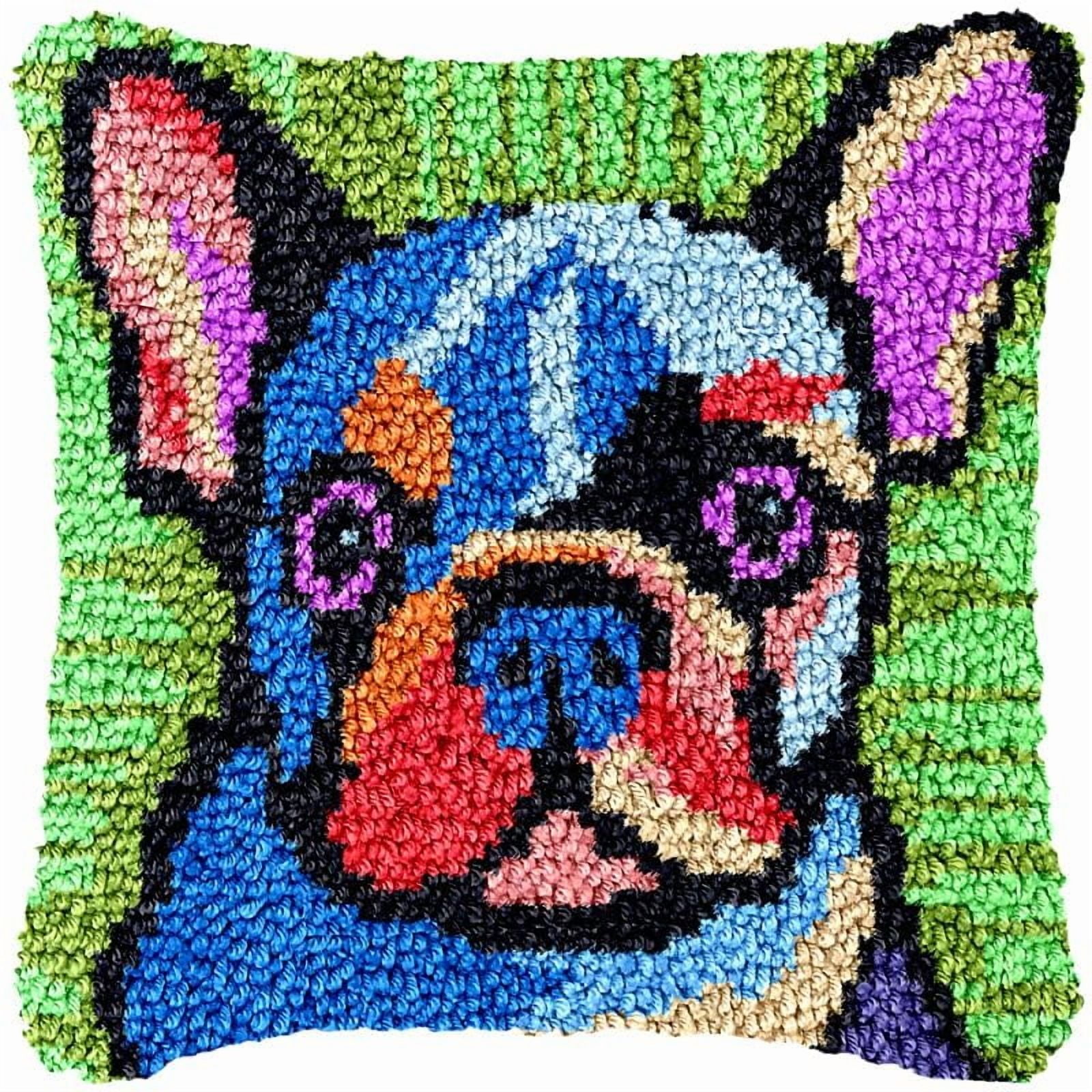Colorful Bulldog Latch Hook Pillow Cover Kits for DIY Handmade Throw Pillow Cross Stitch Latch Hook Pillowcase Rug Kits with Preprinted Color Pattern Canvas Crochet Yarn Kits 17''X 17''(fv128)
