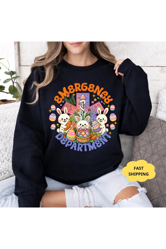 Colorful Bunny Graphic Sweatshirt for ER Nurses - Perfect Easter Gift