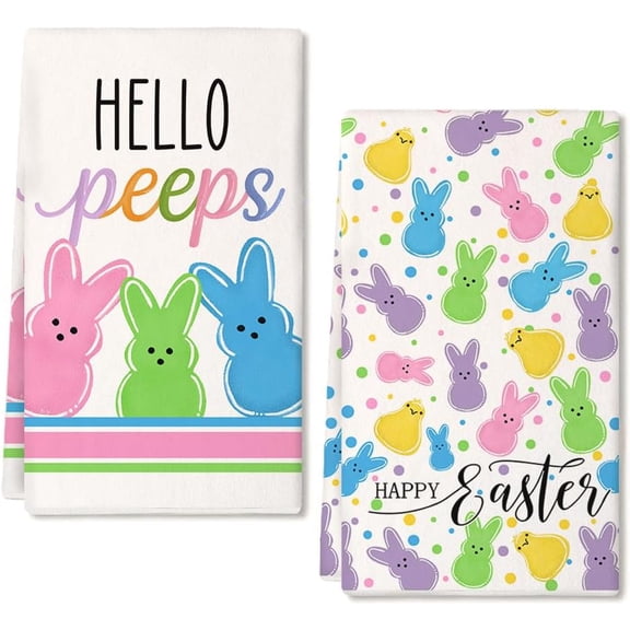 Colorful Bunny Happy Easter Kitchen Towels Set of 2,Hello Peeps Rabbits Dish Hand Towels Farmhouse Indoor Outdoor Holiday Seasonal Decorations DD079