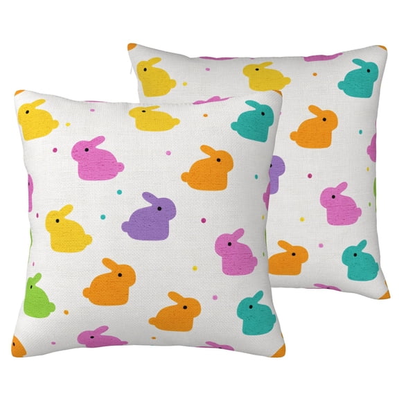 Colorful Bunny Pattern Throw Pillow Covers Set of 2 16x16 Pastel Easter Rabbit Decorative Cushion Cases for Playroom Bedroom Sofa, Double-Sided Faux Linen