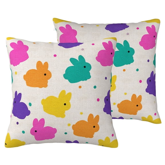 Colorful Bunny Pattern Throw Pillow Covers Set of 2 16x16 Pastel Easter Rabbit Decorative Cushion Cases for Playroom Bedroom Sofa, Double-Sided Faux Linen