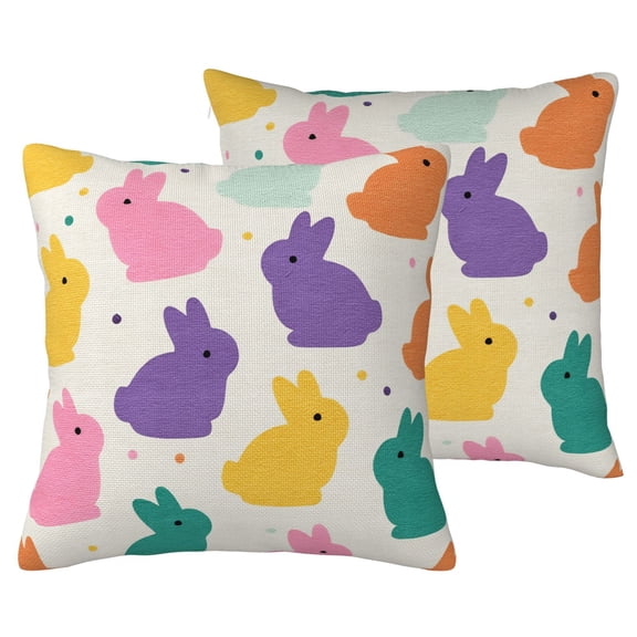 Colorful Bunny Pattern Throw Pillow Covers Set of 2 16x16 Pastel Easter Rabbit Decorative Cushion Cases for Playroom Bedroom Sofa, Double-Sided Faux Linen