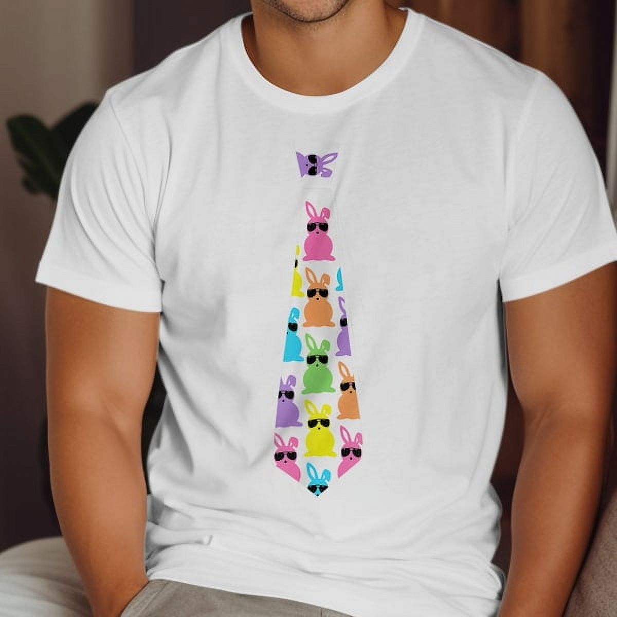 Colorful Bunny Pattern Tie TShirt, Cute Rabbit Print Tee, Easter