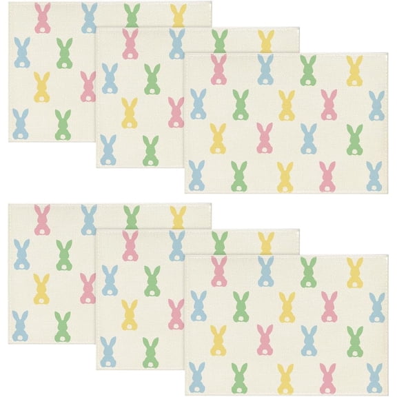 Colorful Bunny Rabbit Easter Placemats Set of 6, 12x18 Inch Seasonal Table Mats for Party Kitchen Dining Decoration