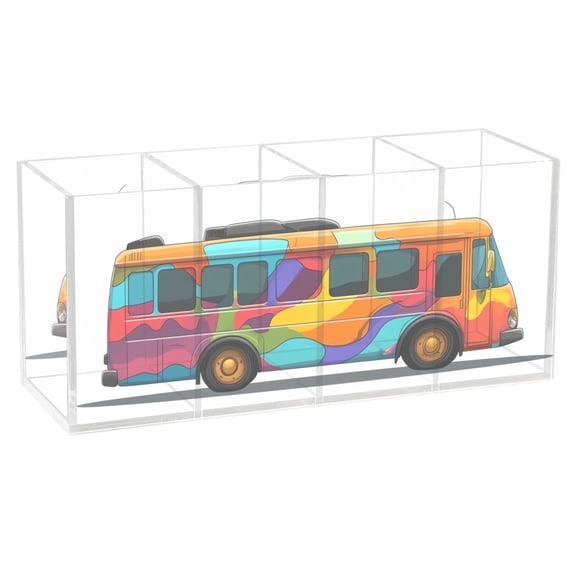 Colorful Bus Acrylic Pencil Pen Holder Cup 4 Compartments Desktop Organiser 7.87"x2.78"x3.54"