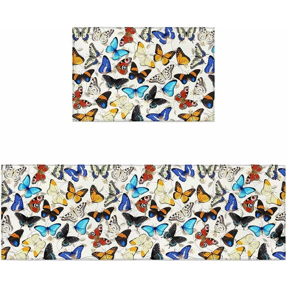 Colorful Butter-Fly Kitchen Rugs Set of 2,Vintage Elegant Watercolor Boho Aesthetics Decor Washable Bath Shower Door Welcome Runner Area Rug Mat Carpet Bedroom Living Room Accent Throw Desk Rug,Large