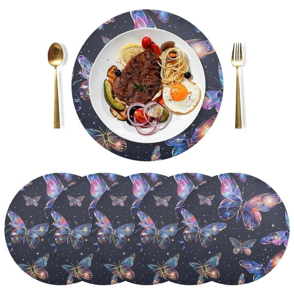 Colorful Butterflies Black Round Placemats Plate Mats 15 Inch Non-Slip Heat Resistant Washable PVC Set Indoor for Kitchen Dining Table 1PC