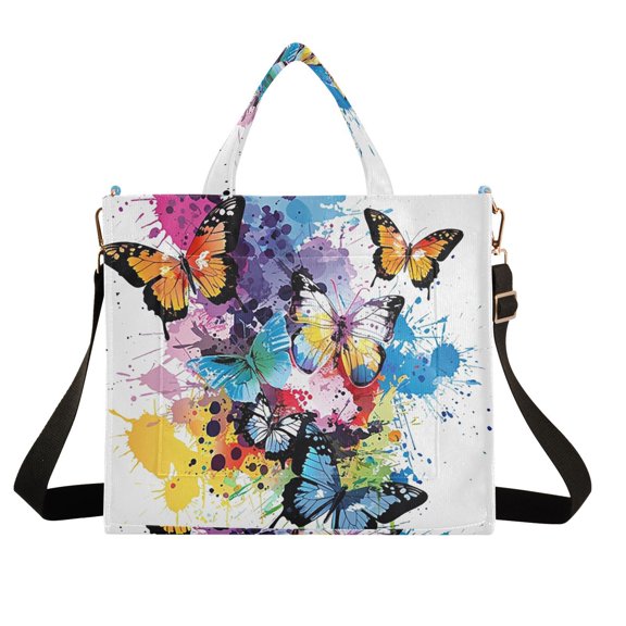Colorful Butterflies Corduroy Tote Bag Handbag Large Messenger Bag Shoulder Crossbody Zipper Bag Purse