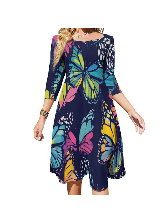 Colorful Butterflies Dark Background Pattern Women's Fall Dresses Casual Loose Flowy Swing Shift Dress
