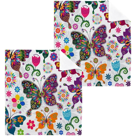 Colorful Butterflies and Flowers Washcloth 12x12in Set, 4 Pack Absorbent Cotton Towel Square Kitchen Dishes Towels, Soft Cleaning Face Hand Towel Fast Drying