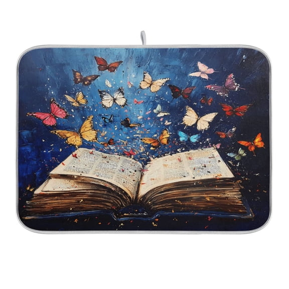 Colorful Butterflies Fly on Book Dish Drying Mat 16x18 Absorbent Microfiber Draining Rack Pad for Kitchen Counter Sink