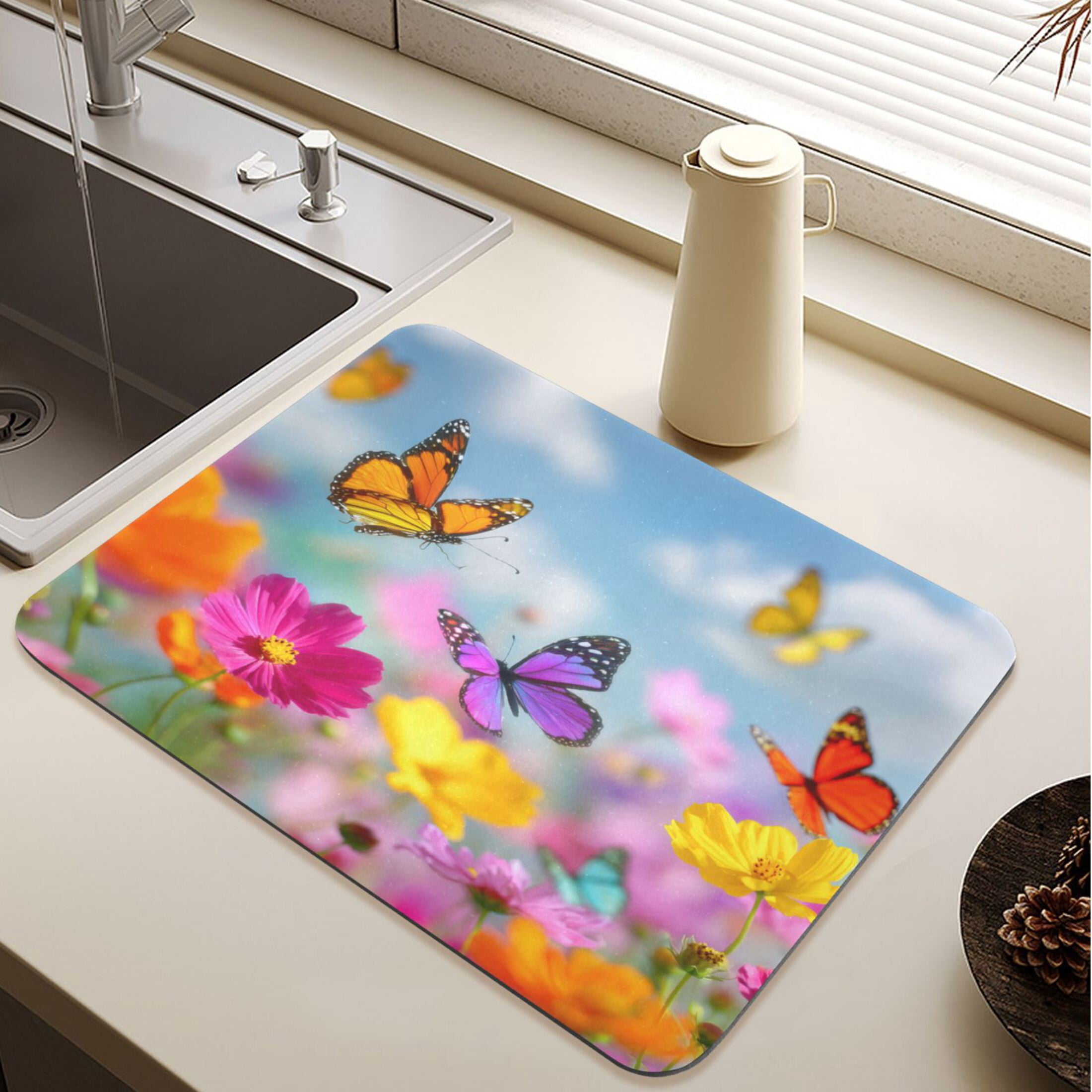 Colorful Kitchen Sink Rug Colorful Butterflies Flying Spring Flowers Diatomite Dish Drying Mat ...