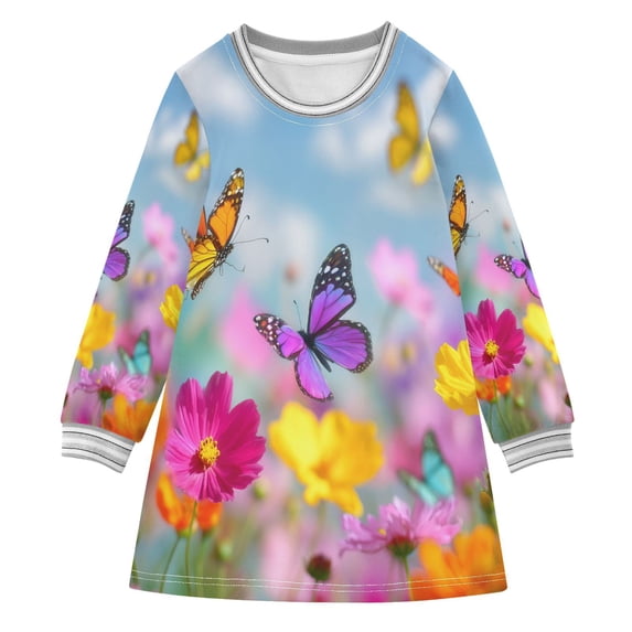 Colorful Butterflies Flying Spring Flowers Girl's Long-sleeved Dress A ...