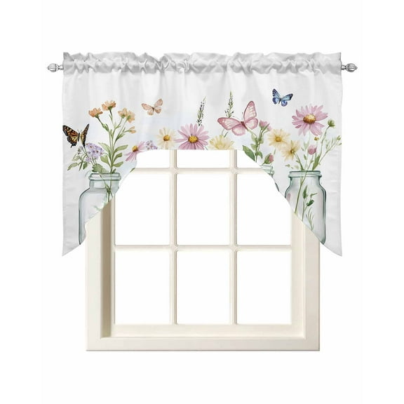 Colorful Butterflies Kitchen Swag Valances for Windows, Minilism Elegant Floral Spring Swag Valances Curtains for Living Room, Rod Pocket Window Treatments for Bathroom, Bedroom, Cafe, 56"x36"