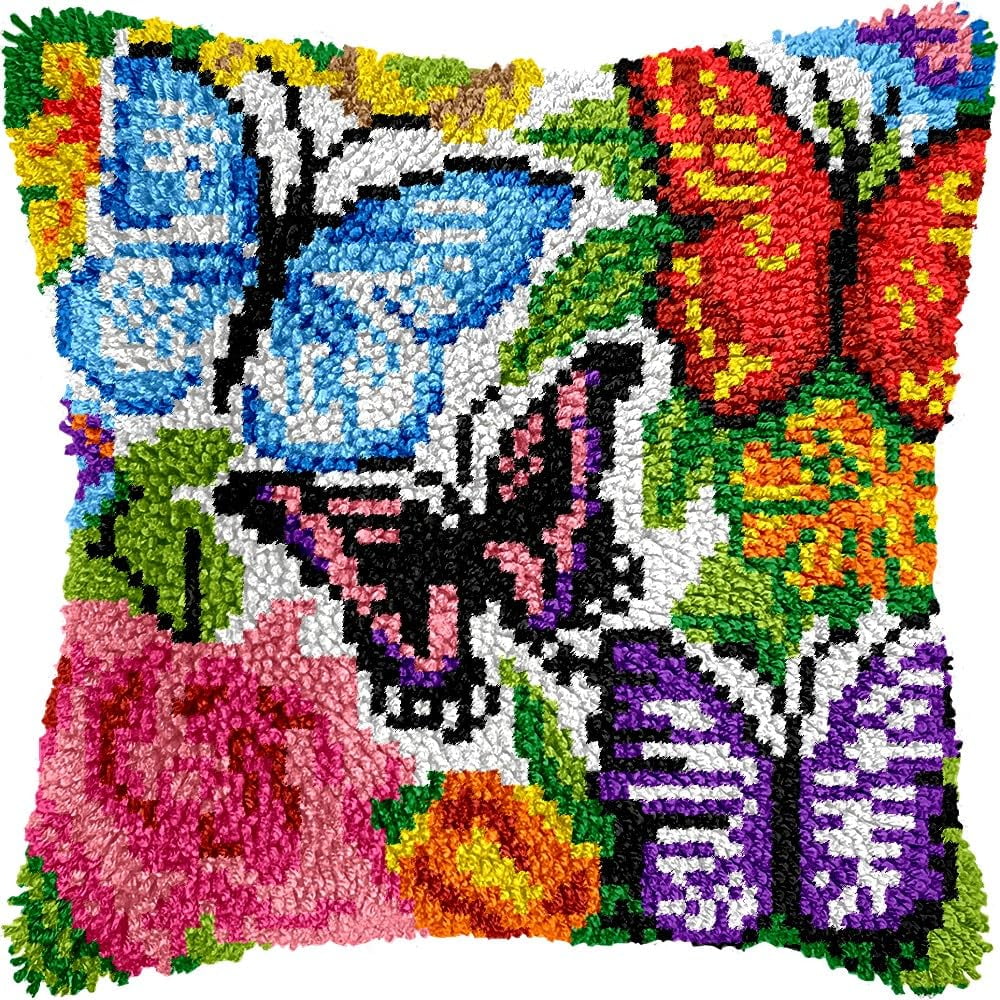 Colorful Butterflies Latch Hook Pillow Kits Pillow Cover Latch Hook Crafts Crochet Knitted Hooking Pillowcase Cushion Crafts Embroidery Latch Hooking Kits Material Set 17x17 inch(5)