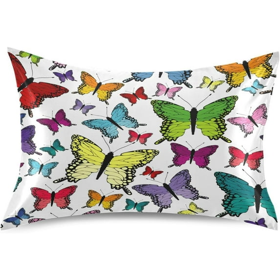 Colorful Butterflies Satin Pillowcase for Hair and Skin Silk Pillowcase, Standard Size(20x26 inches) - Slip Cooling Satin Pillow Covers with Envelope Closure Home Decor Gifts