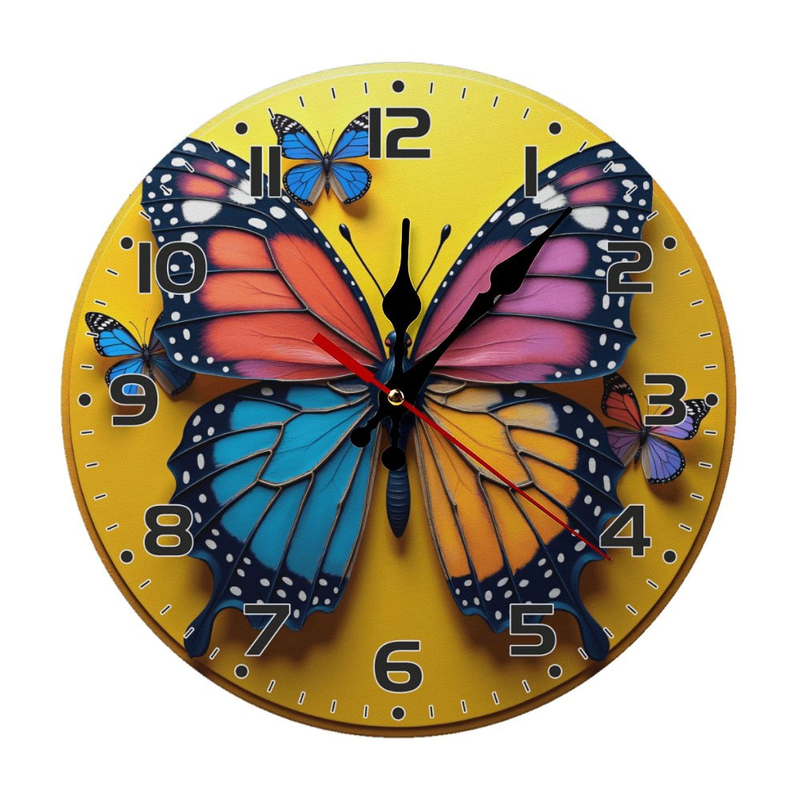 Colorful Butterflies Wall Clock 10 Inch Silent Non Ticking Round Wooden ...