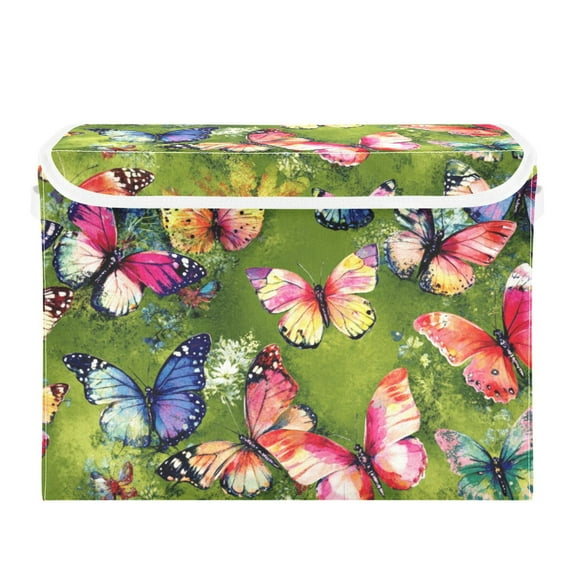Colorful Butterflies on Green Large Storage Bins with Linen Collapsible Lid Storage Box 16.7 x 12.6 x 11.8in