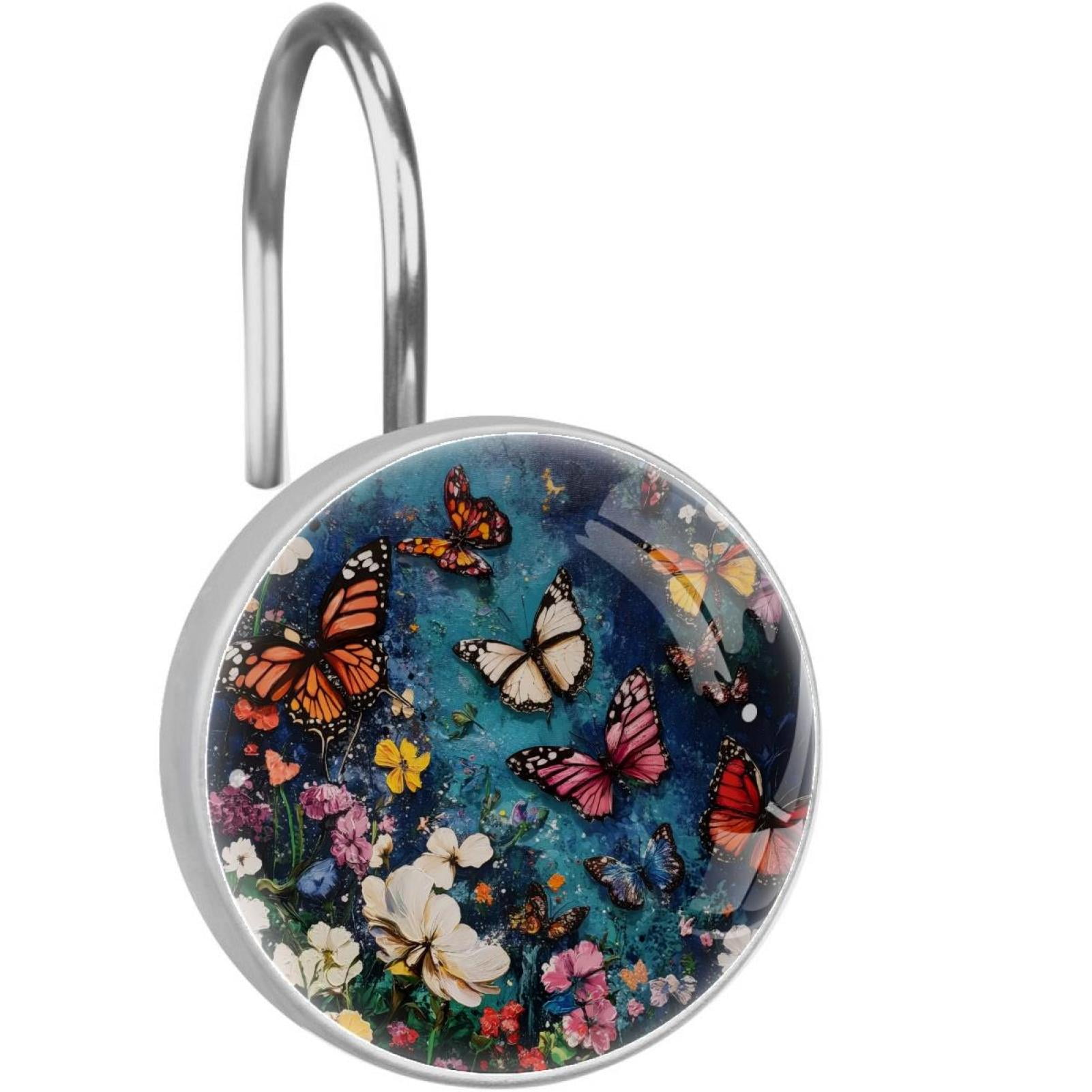Colorful Butterflies on Wildflowers Shower Curtain Hooks Round Crystal Glass, Set of 12 Shower Curtain Rings - Shower Hooks for Curtain Shower Rings