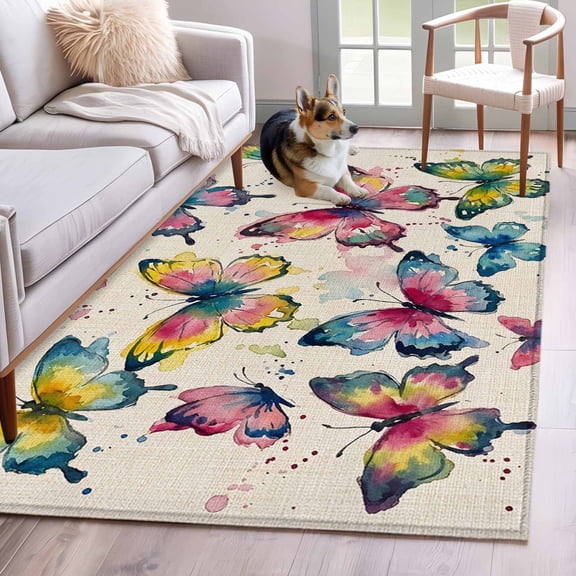 Colorful Butterfly 3'x5' Washable Rug, Elegant Pastoral Butterflies Rustic Watercolor Non-Slip Area Rugs for Entryway Kitchen Classroom, Dorm Throw Carpet, Low Pile Soft Indoor Floor Mat