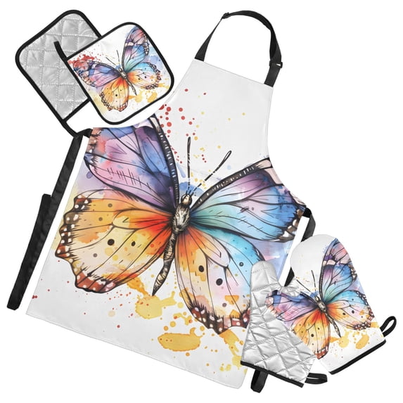 Colorful Butterfly 5 Pcs Kitchen Set Heat Resistant Oven Mitts and Non-Slip Pot Holders with Adjustable Cooking Apron