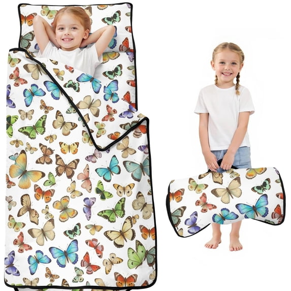 Colorful Butterfly Collection Pattern Teens Toddler Nap Mat with Pillow, Sleeping Mat Bag for Preschool Daycare 50"x20"