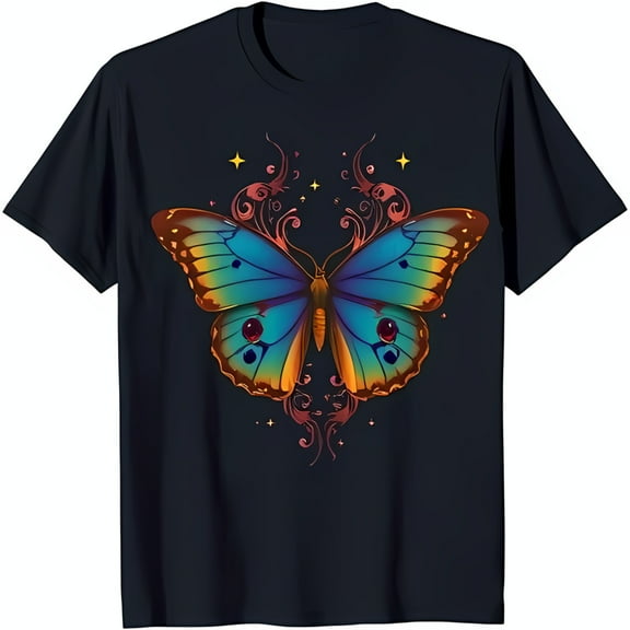 Colorful Butterfly Design on Deep Blue Background Enchanting Black T-Shirt