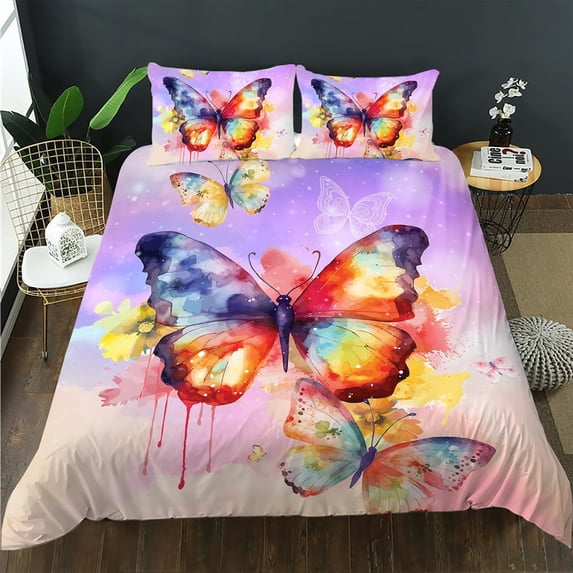 Colorful Butterfly Duvet Cover Set, Beautiful Butterfly Bedding Set for Kids Girls Women,Watercolor Theme Duvet Cover,Stars and Cloud Comforter Cover,1 Quilt Cover and 2 Pillowcases