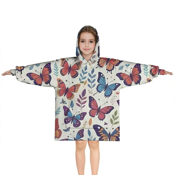 Colorful Butterfly Floral Leaf Blue Pattern Blanket Hoodies for Kids 6-13YR Oversize Wearable Blanket Hoodies for Boys Girls Teens