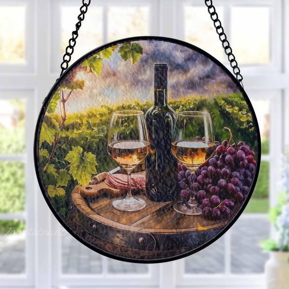 Wine Stained Glass Suncatcher Metal Outdoor Decor Rustic Vineyard Art Multicolored