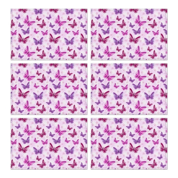 Colorful Butterfly Floral Tropical Pattern Heat Resistant Flax Table Mats, Wrinkle Free Machine Washable Place Mats for Dining Table, Artistic Cute Design for Butterfly Lover, Set of 6