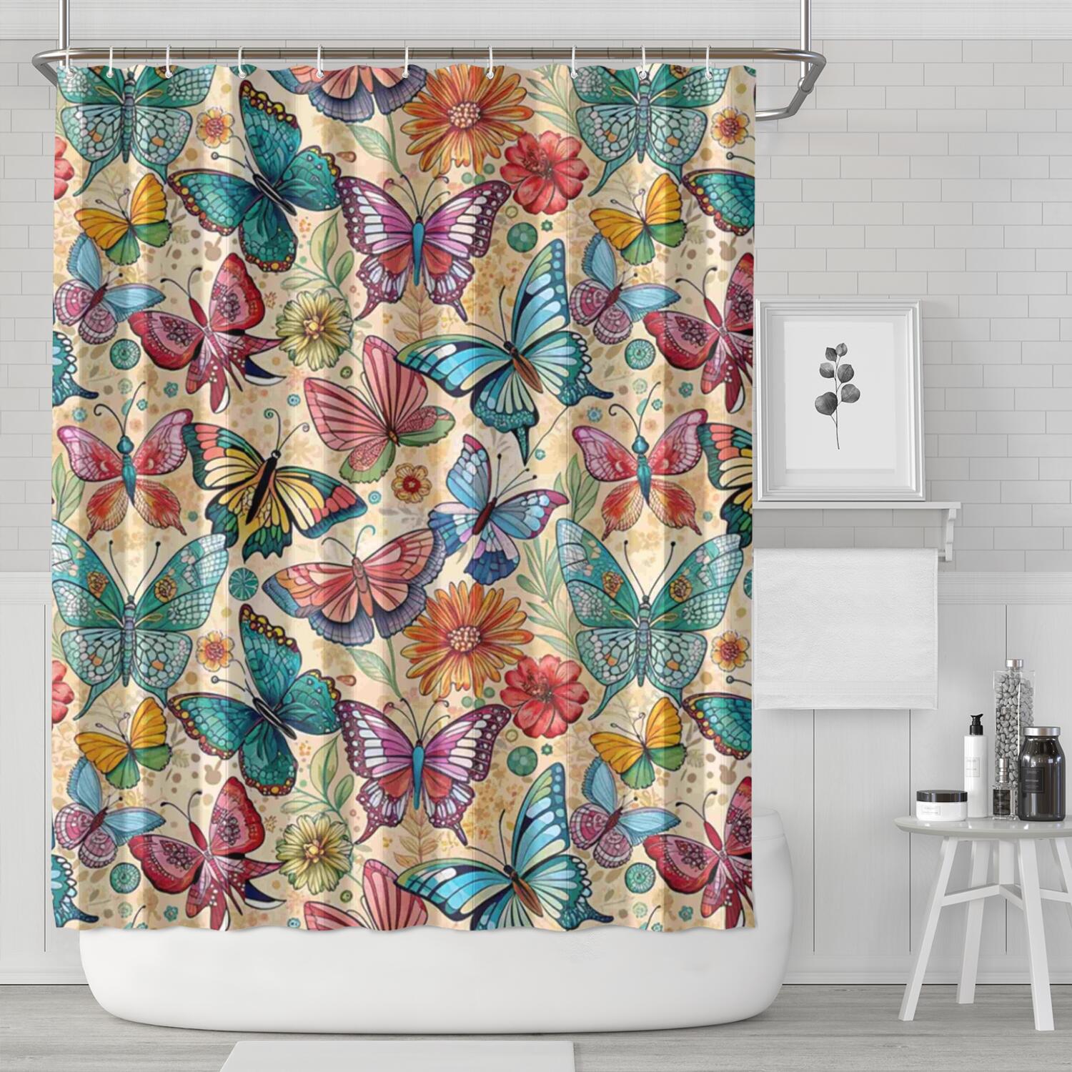 Colorful Butterfly Flower Daisy Beige Pattern Shower Curtain 84"x72