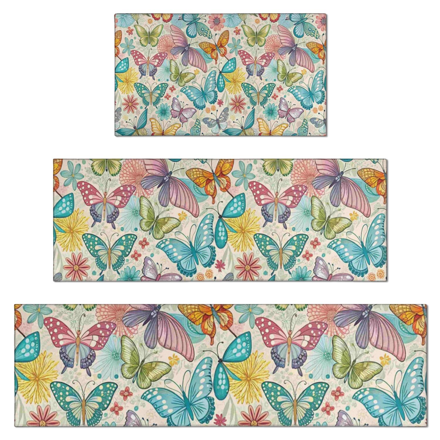 Butterfly Runner Rug Colorful Butterfly Flower Leaf Beige Pattern Kitchen Rugs Sets Of 3 ...