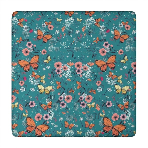 Colorful Butterfly Flower Leaf Teal Pattern Square Fitted Tablecloth with Elastic Edge,Square Table Cover,Washable Elastic Table Cover for Home Kitchen Party Decor 34"x34"