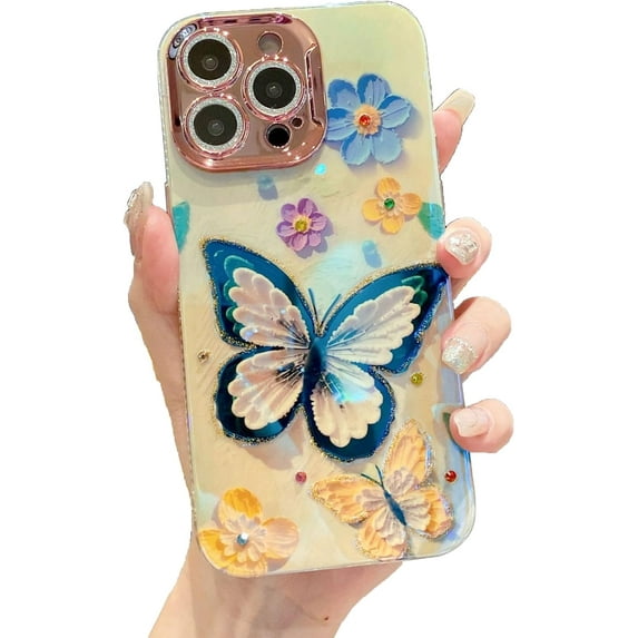 Colorful Butterfly Flowers Phone Case Compatible with iPhone Case for Women Girls (Golden,iPhone 15 Pro Max)