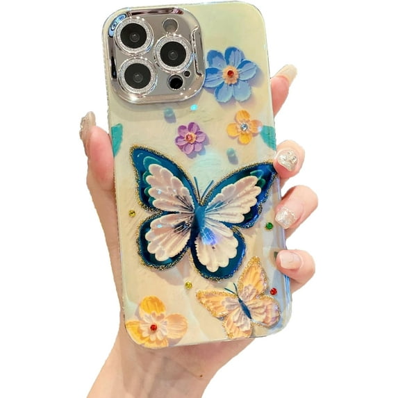 Colorful Butterfly Flowers Phone Case Compatible with iPhone Case for Women Girls (Silver,iPhone 14 Pro Max)