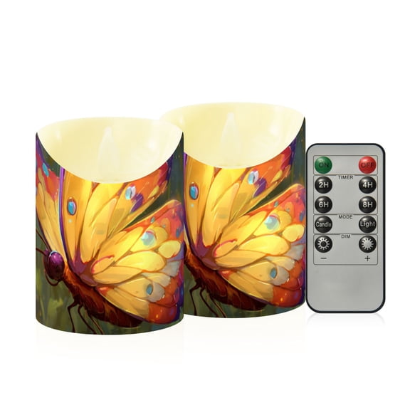 Colorful Butterfly Flying Flower Pond Flickering Flameless Candles with Remote Timer Battery Operated LED Tealight Set of 2 S