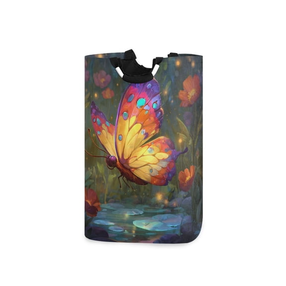 Colorful Butterfly Flying Flower Pond Laundry Basket with Handles Foldable Laundry Hamper Freestanding Washing Bin 50L