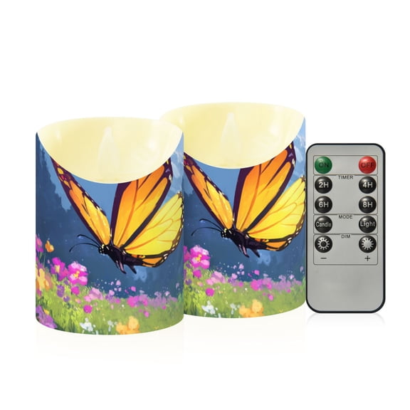 Colorful Butterfly Flying over Valley Flickering Flameless Candles with Remote Timer Battery Operated LED Tealight Set of 2 M