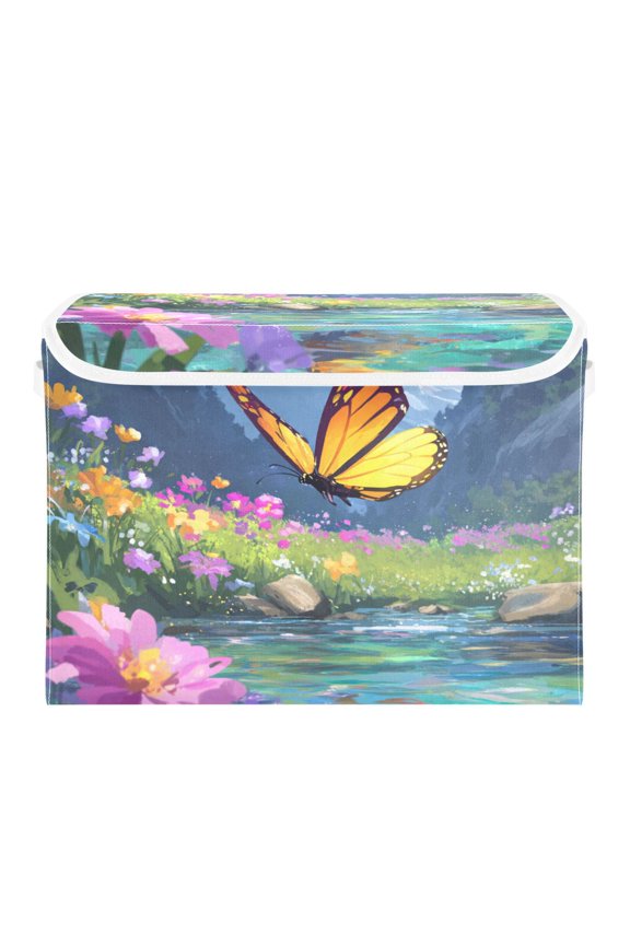Colorful Butterfly Flying over Valley Foldable Storage Bins with Lids Handles Collapsible Storage Containers Tote Boxes 16.5 x 12.6 x 11.8 inches