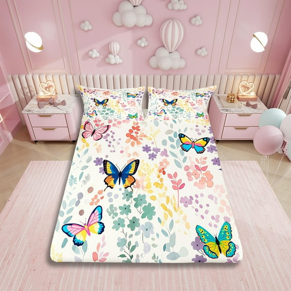 Colorful Butterfly Full Bed Sheets Set,Cute Floral Butterfly Bedding Set for Kids Girls Boys,Rainbow Flower Leaf Plant Sheets Wildlife Animal Print Fitted Sheet Set 4Pcs